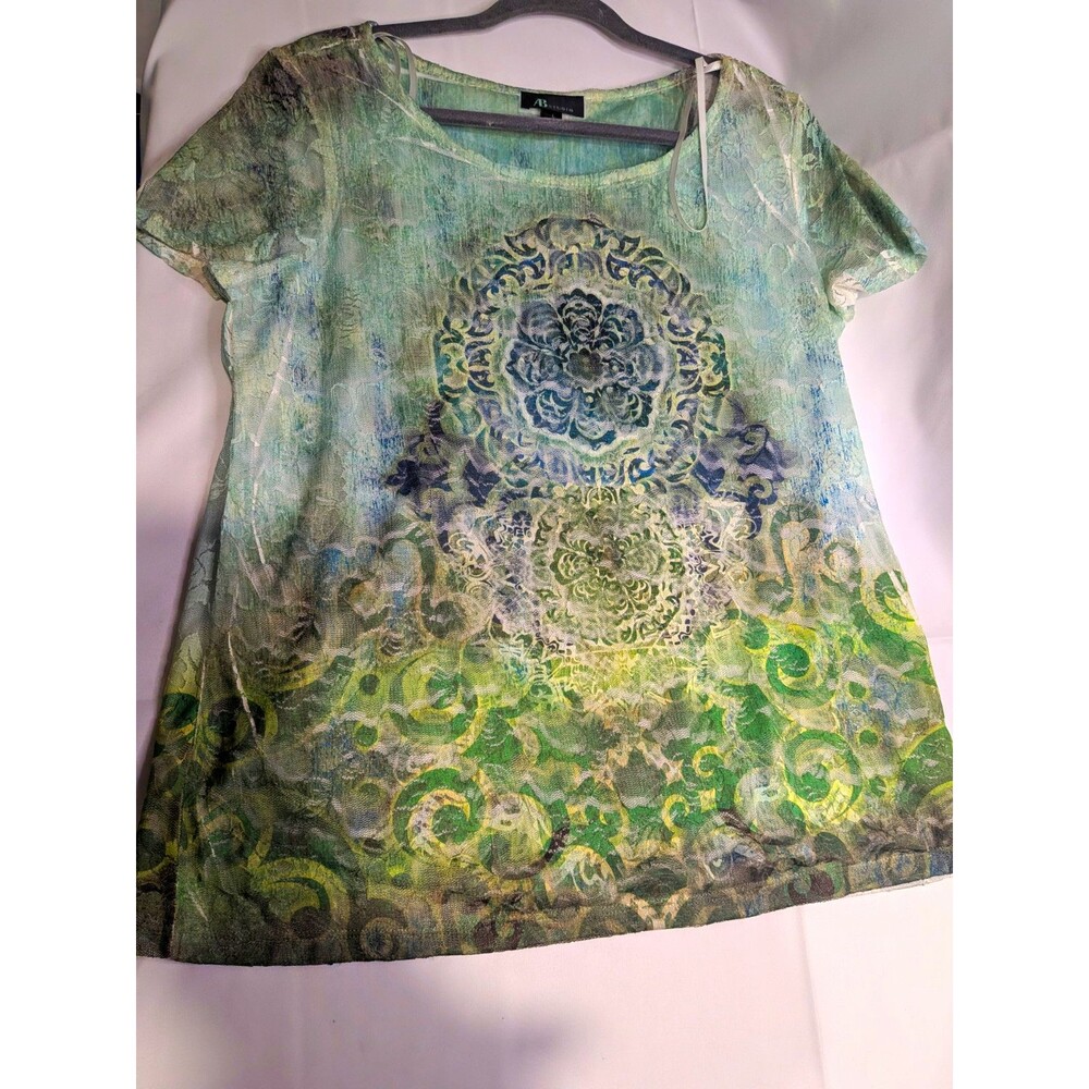 AB Studio Green/Blue Abstract Scoop Neck Tunic Blouse Short Sleeve L
